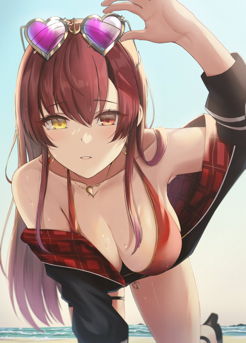 1girl all_fours beach bikini breasts earrings eyewear_on_head hand_on_eyewear hanging_breasts heart heart-shaped_eyewear heart_earrings heart_necklace heterochromia highres hololive houshou_marine jacket jewelry large_breasts long_hair looking_at_viewer no_hat no_headwear ocean off_shoulder official_alternate_costume parted_lips red_eyes redhead sky solo straight_hair sunglasses swimsuit virtual_youtuber water yamikyon yellow_eyes