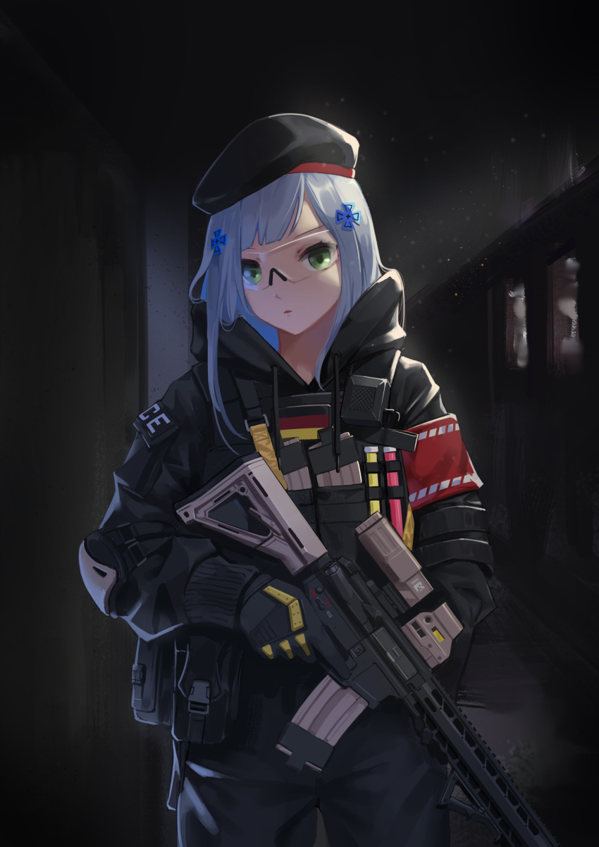 1girl :o absurdres ammunition_pouch assault_rifle bangs beret black_gloves black_headwear black_jacket german_flag girls_frontline glasses gloves green_eyes gun h&amp;k_hk416 hair_between_eyes hair_ornament hat highres hk416_(girls_frontline) holding holding_gun holding_weapon indoors jacket long_hair long_sleeves looking_at_viewer open_mouth pouch rifle shiba_inuza solo weapon white_hair