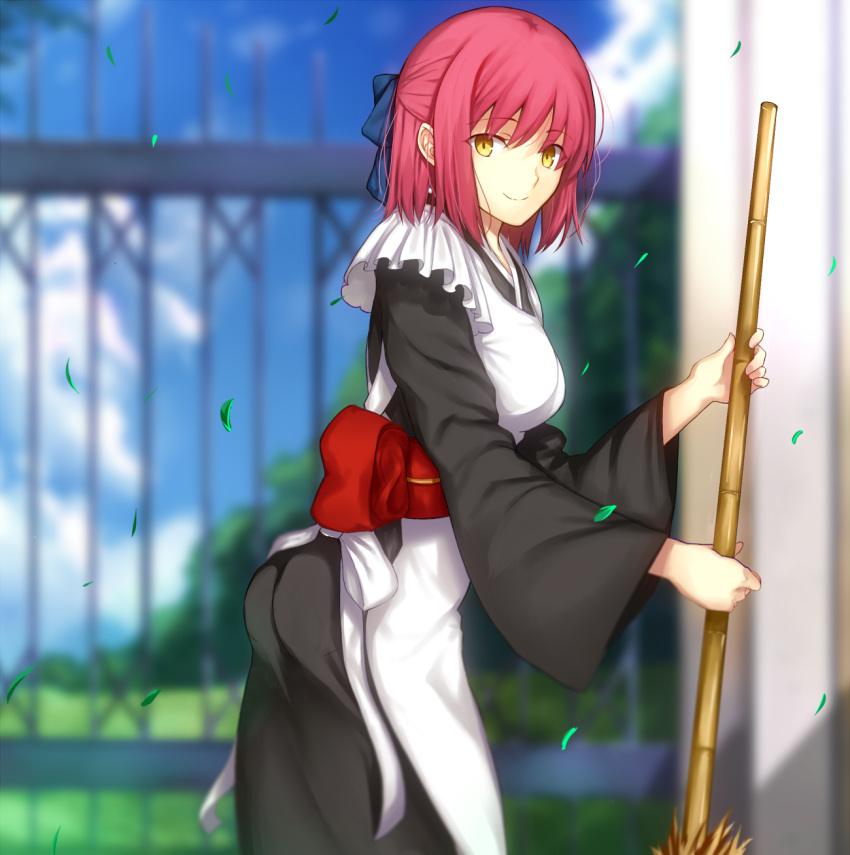 1girl apron ass bamboo_broom black_kimono blue_bow blue_sky bow breasts broom closed_mouth clouds commentary_request day eyebrows_visible_through_hair frilled_apron frills hair_bow highres holding holding_broom iro_(sekaixiro) japanese_clothes kimono kohaku_(tsukihime) leaf looking_at_viewer maid maid_apron medium_breasts obi outdoors redhead sash short_hair sidelocks sky smile solo tsukihime wa_maid white_apron wide_sleeves yellow_eyes