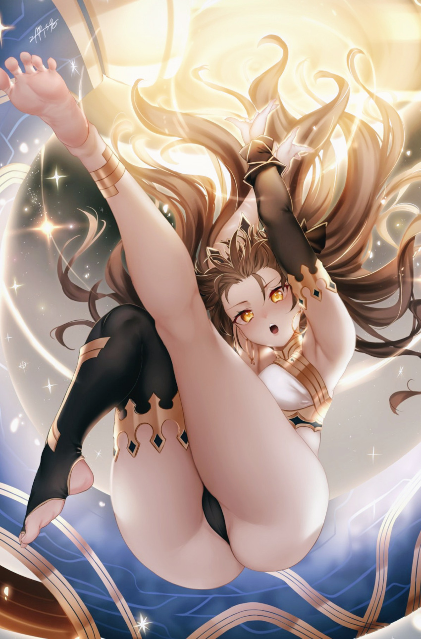 1girl armlet bangs bikini black_hair black_legwear bracelet breasts detached_sleeves earrings fate/grand_order fate_(series) gold_trim hair_ribbon highres hoop_earrings ishtar_(fate) ishtar_(fate)_(all) jewelry long_hair looking_at_viewer medium_breasts mismatched_bikini neck_ring parted_bangs red_eyes ribbon single_detached_sleeve single_thighhigh swimsuit thigh-highs thighlet thighs tiara two_side_up zasshu