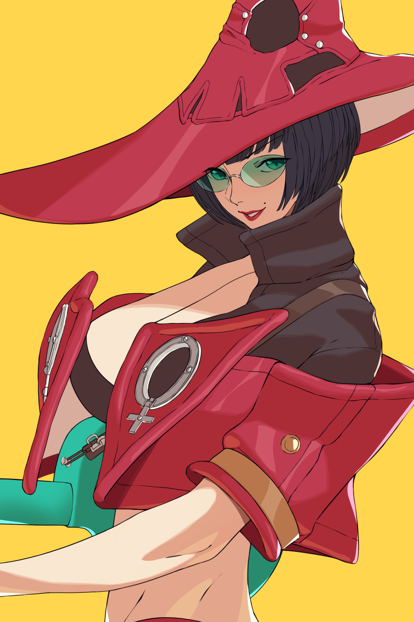1girl absurdres black_hair guilty_gear guilty_gear_strive hat highres i-no jacket looking_at_viewer red_headwear red_jacket short_hair sunglasses venus_symbol very_short_hair witch_hat