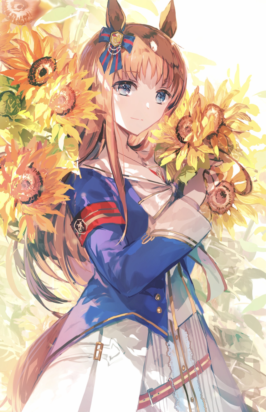 1girl animal_ears bangs blue_bow blue_eyes blue_jacket bow brown_hair closed_mouth commentary_request dress eyebrows_visible_through_hair flower grass_wonder_(umamusume) hair_bow highres holding holding_flower horse_ears horse_girl horse_tail jacket long_hair long_sleeves looking_at_viewer rioka_(southern_blue_sky) smile solo striped striped_bow sunflower tail umamusume very_long_hair white_dress yellow_flower