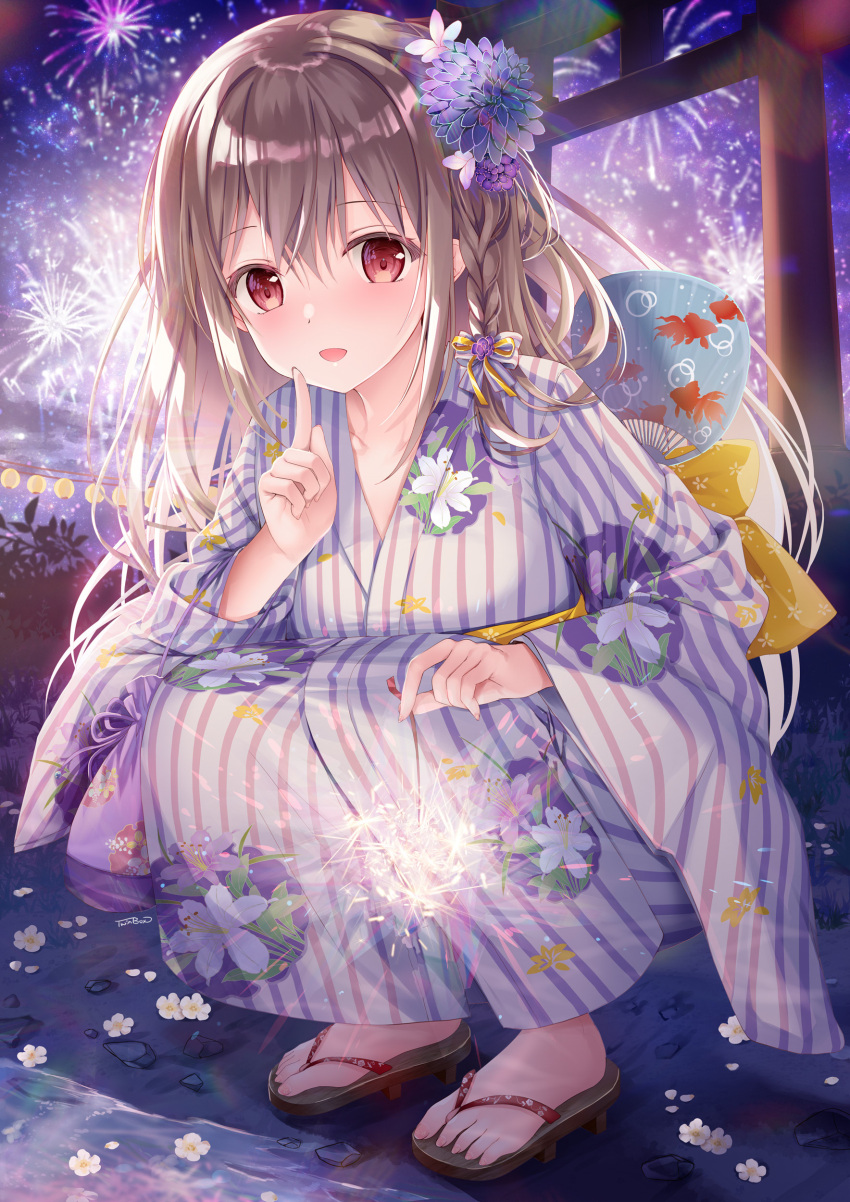 1girl :d absurdres aerial_fireworks bangs blush bow braid brown_hair commentary_request eyebrows_visible_through_hair finger_to_mouth fireworks floral_print flower full_body hair_between_eyes hair_bow hand_fan hand_up highres holding holding_sparkler japanese_clothes kimono long_hair long_sleeves looking_at_viewer maeda_shiori night open_mouth outdoors paper_fan print_kimono purple_bow red_eyes revision sandals senkou_hanabi shushing smile solo sousouman sparkler squatting striped torii twinbox_school uchiwa vertical-striped_kimono vertical_stripes white_flower wide_sleeves