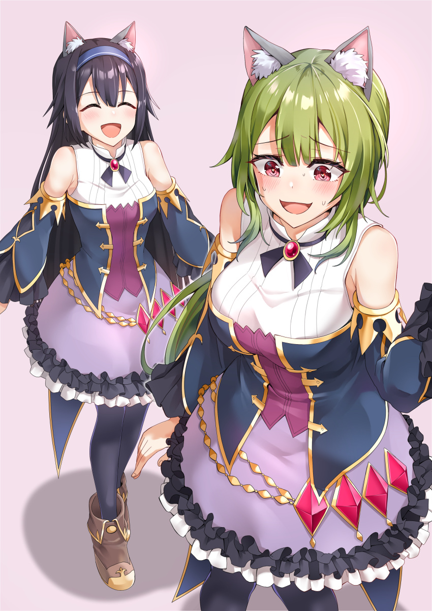 2girls absurdres animal_ear_fluff animal_ears bare_shoulders blush breasts cat_ears cat_tail commission cosplay detached_sleeves dress dulldull girls_frontline green_hair hairband highres karyl_(princess_connect!) karyl_(princess_connect!)_(cosplay) medium_breasts mk48_(girls_frontline) multiple_girls pixiv_request princess_connect! red_eyes sleeveless sleeveless_dress smile super_sass_(girls_frontline) sweatdrop tachibana_rika tail voice_actor_connection