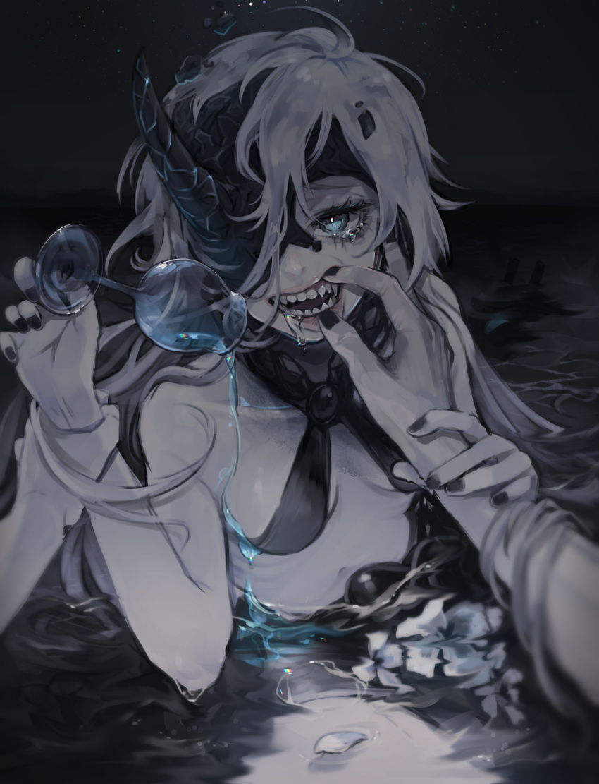 1girl abyssal_ship black_nails blue_eyes breasts colored_skin highres horns kantai_collection long_hair ne-class_heavy_cruiser partially_submerged ruohire9 sharp_teeth single_horn small_breasts solo_focus teeth white_hair white_skin