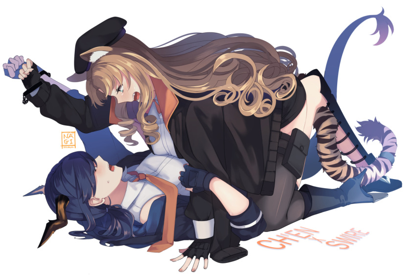 2girls animal_ears arknights artist_name black_footwear black_gloves black_headwear blonde_hair blue_hair ch'en_(arknights) character_name cuffs dragon_girl dragon_horns dragon_tail drill_hair drill_locks face-to-face fingerless_gloves gloves hinagi_(fox_priest) horns long_hair looking_at_another multiple_girls necktie open_mouth orange_neckwear profile side_drill simple_background sweatdrop swire_(arknights) tail tail_ornament tail_ring thigh-highs tiger_ears tiger_girl tiger_tail very_long_hair white_background yuri