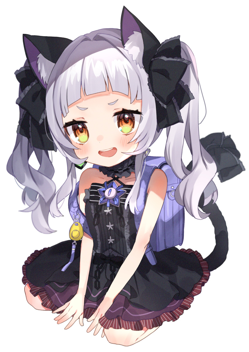 1girl :d absurdres animal_ears backpack bag bangs bare_shoulders black_dress blunt_bangs blush bow cat_ears cat_girl cat_tail collarbone commentary_request dress eyebrows_visible_through_hair hair_bow hair_ribbon highres hololive huge_filesize long_hair looking_at_viewer murasaki_shion noi_mine open_mouth orange_eyes randoseru ribbon scrunchie sidelocks silver_hair simple_background sitting smile solo tail thick_eyebrows twintails wariza white_background younger