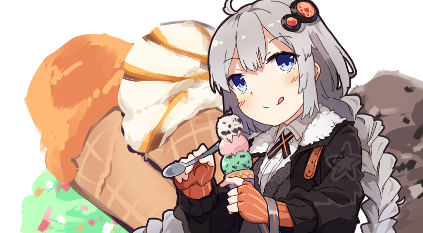 1girl :q ahoge bangs black_dress black_jacket blue_eyes blush braid brown_gloves closed_mouth collared_shirt dress eyebrows_visible_through_hair fingerless_gloves food gloves grey_hair hair_ornament highres holding holding_food holding_spoon ice_cream ice_cream_cone jacket kizuna_akari long_hair looking_at_viewer low_twintails normaland open_clothes open_jacket shirt smile solo spoon star_(symbol) tongue tongue_out triple_scoop twin_braids twintails upper_body very_long_hair voiceroid white_background white_shirt