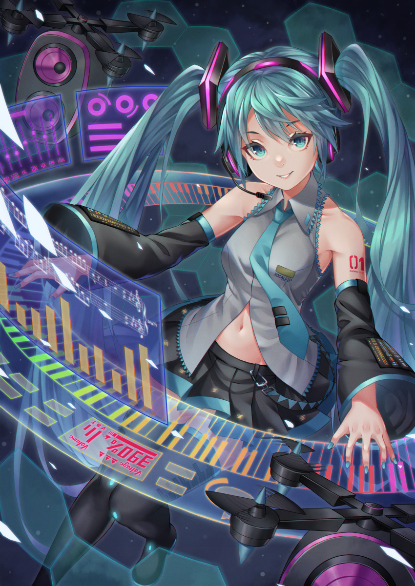 1girl absurdres aqua_eyes aqua_hair aqua_neckwear bare_shoulders black_footwear black_legwear black_skirt boots commentary detached_sleeves full_body grey_shirt hatsune_miku headgear headphones headset highres holographic_interface huge_filesize long_hair looking_at_viewer miniskirt navel necktie noro_assumed parted_lips pleated_skirt shirt skirt sleeveless sleeveless_shirt smile solo thigh-highs thigh_boots tie_clip twintails very_long_hair vocaloid