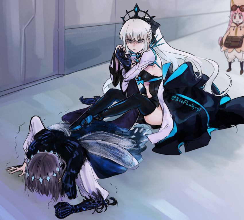 1boy 2girls ankle_lock bag crown fate/grand_order fate_(series) frown habetrot_(fate) hat insect_wings long_hair morgan_le_fay_(fate) multiple_girls oberon_(fate) pink_hair satchel shaded_face silver_hair tiara tofucakes twitter_username wings wrestling