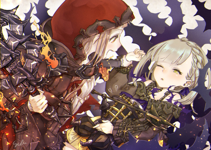2girls :d :o bangs bare_shoulders beige_background blonde_hair braid briar_rose_(sinoalice) green_eyes highres holding holding_another's_arm holding_weapon long_sleeves mace multiple_girls nightgown one_eye_closed open_mouth plant red_hood red_riding_hood_(sinoalice) short_hair sibu simple_background sinoalice sleeping sleeping_with_eyes_open smile vines weapon yellow_eyes
