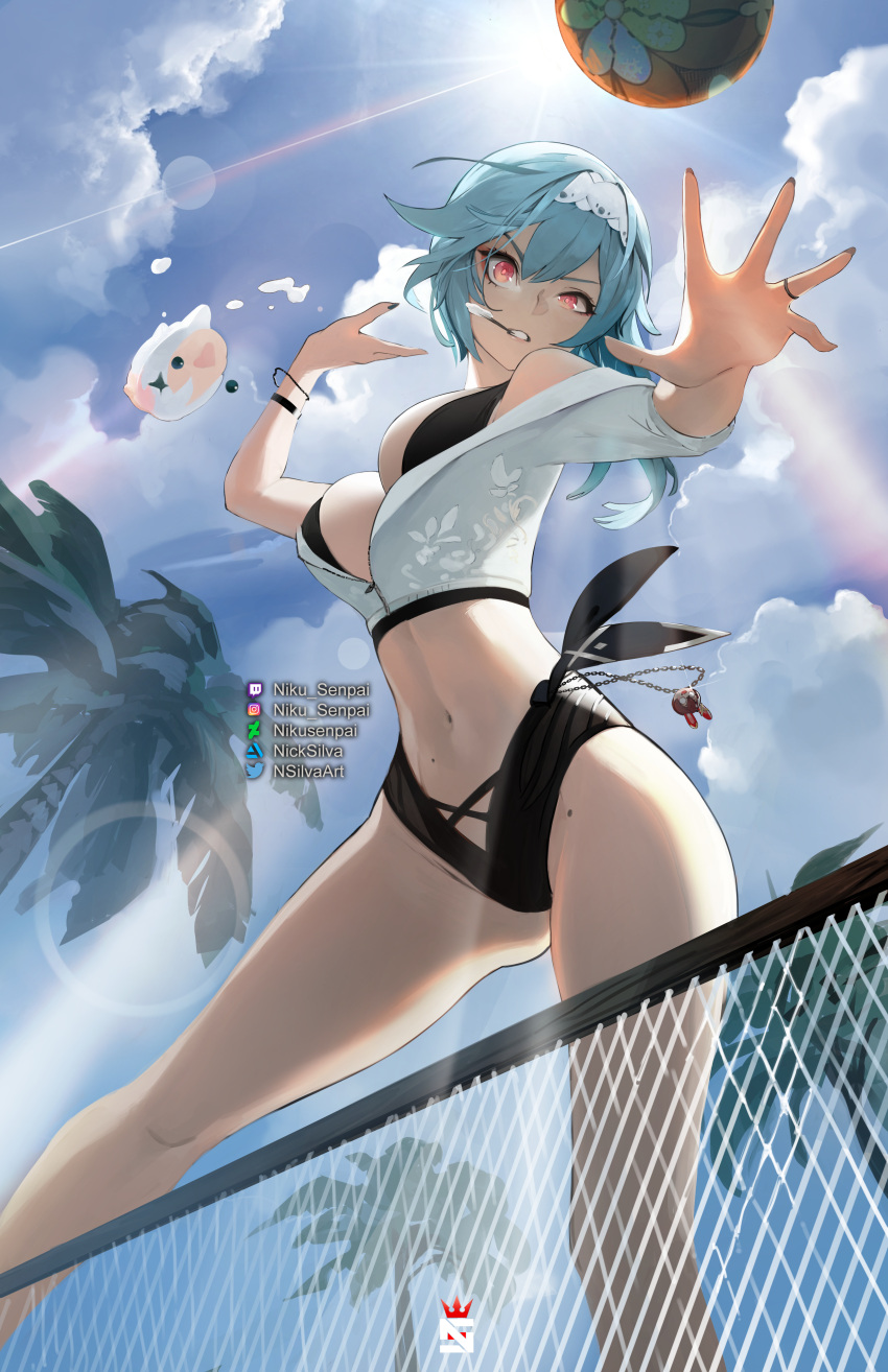 1girl absurdres alternate_costume artist_name ass_visible_through_thighs ball bare_legs bare_shoulders beach_volleyball bikini black_bikini blue_hair breasts clenched_teeth commentary cropped_jacket english_commentary eula_(genshin_impact) feet_out_of_frame from_below genshin_impact hairband highres jacket jewelry jumping large_breasts lens_flare long_hair looking_at_viewer mole mole_on_thigh mouth_hold navel nikusenpai off_shoulder open_clothes open_jacket palm_tree parted_lips red_eyes ring short_sleeves solo sun sunlight swimsuit teeth tree v-shaped_eyebrows volleyball_net white_hairband white_jacket wristband