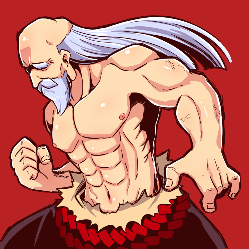 1boy abs beard black_pants clenched_hand commentary_request facial_hair floating_hair highres long_hair male_focus monk_(sekaiju) muscular muscular_male mustache naga_u navel pants red_background sekaiju_no_meikyuu sekaiju_no_meikyuu_3 shirtless silver_hair simple_background solo thick_eyebrows very_long_hair