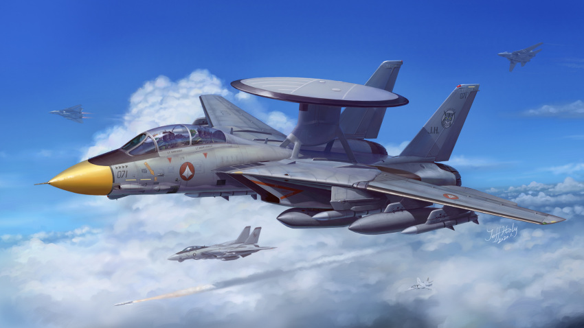 2017 aircraft airplane awacs battle canopy clouds cloudy_sky condensation_trail dated english_commentary f-14_tomcat firing fleet flying highres jeffholy macross macross_zero mecha missile original radar_dish real_life realistic redesign roundel science_fiction signature sky u.n._spacy variable_fighter vf-0 when_you_see_it