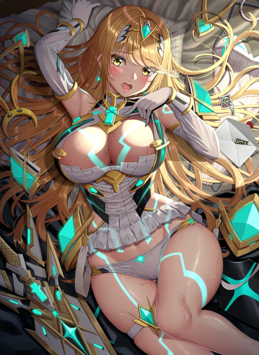 1girl absurdres arm_up bangs blonde_hair blush breasts elbow_gloves envelope eyebrows_visible_through_hair gloves highres knee_up large_breasts long_hair looking_at_viewer lying mythra_(xenoblade) nemunemu_semi on_back open_mouth panties solo thighs underwear white_gloves white_panties xenoblade_chronicles_(series) xenoblade_chronicles_2 yellow_eyes