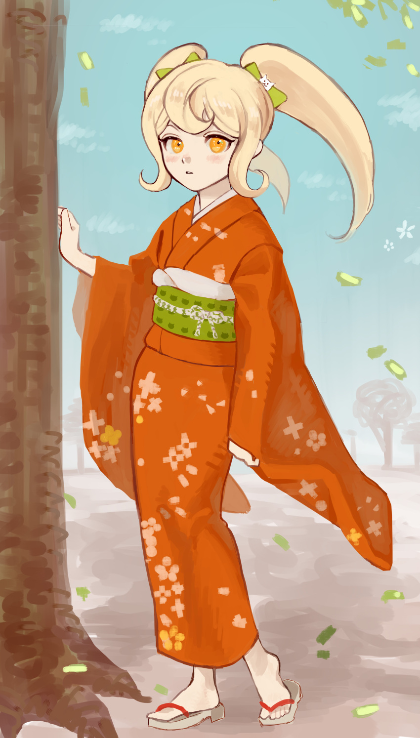 1girl absurdres bangs blonde_hair blush bow cat_hair_ornament commentary_request dangan_ronpa_(series) dangan_ronpa_2:_goodbye_despair e_(xrpa4zlquxlfk27) floral_print full_body furisode green_bow grey_background hair_bow hair_ornament highres japanese_clothes kimono long_hair long_sleeves looking_at_viewer obi orange_eyes orange_kimono outdoors saionji_hiyoko sandals sash sleeves_past_wrists solo standing swept_bangs tree twintails wide_sleeves yellow_eyes