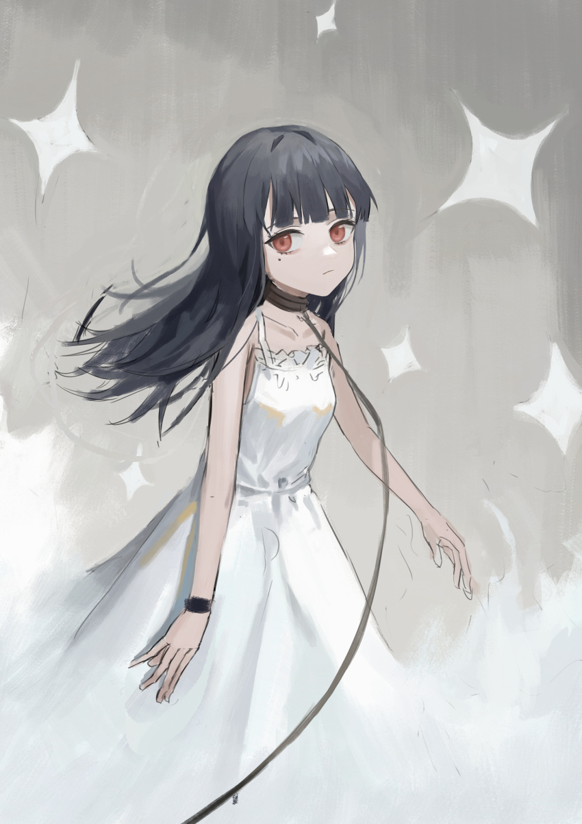 1girl absurdres bangs black_hair bracelet closed_mouth collar collarbone commentary dress expressionless grey_background highres jewelry long_hair looking_at_viewer mole mole_under_eye original pov red_eyes sleeveless sleeveless_dress solo spaghetti_strap sparkle subfiction viewer_holding_leash white_dress