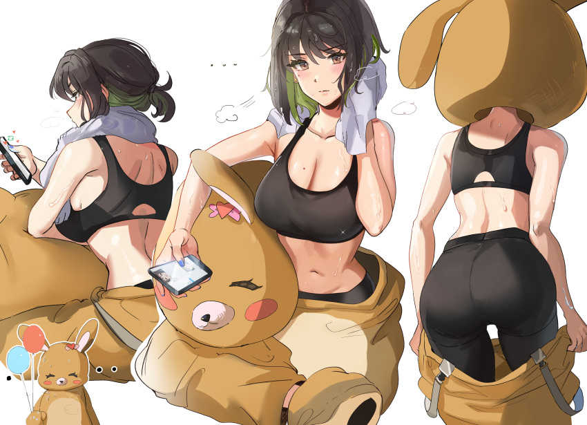 ... 1girl absurdres ass back balloon black_hair blush breasts cellphone colored_inner_hair dressing green_hair highres holding holding_balloon holding_phone large_breasts mascot_costume mascot_head miru_(ormille) mole mole_on_breast mole_under_eye multicolored_hair multiple_views navel original ormille pants phone short_hair sitting smartphone sports_bra sweat towel towel_around_neck two-tone_hair wiping_sweat yoga_pants