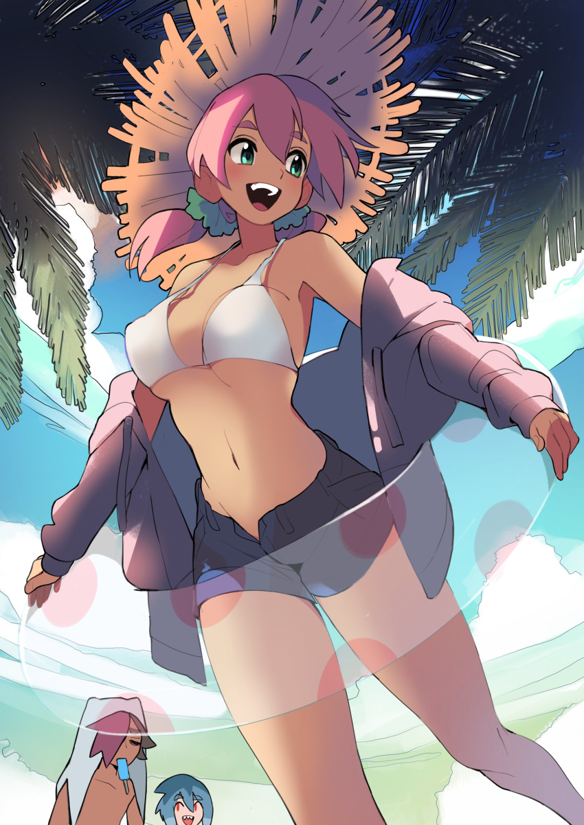 1boy 1girl 1other absurdres azuumori bikini bikini_top black_shorts clouds green_eyes green_scrunchie hat highres innertube jacket open_clothes open_fly open_jacket open_mouth original palm_leaf pink_hair purple_jacket scrunchie shorts sky straw_hat summer swimsuit tree twintails white_bikini