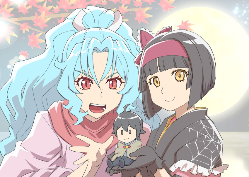 1boy 2girls :| ahoge bangs black_eyes black_hair blue_hair blunt_bangs chibi cloak closed_mouth gloves highres long_hair looking_at_viewer mio_(tsuki_ga_michibiku_isekai_douchuu) multiple_girls pink_ribbon red_eyes red_scarf ribbon scarf short_hair smile spider_web_print tomoe_(tsuki_ga_michibiku_isekai_douchuu) tsuki_ga_michibiku_isekai_douchuu ueyama_michirou yellow_eyes