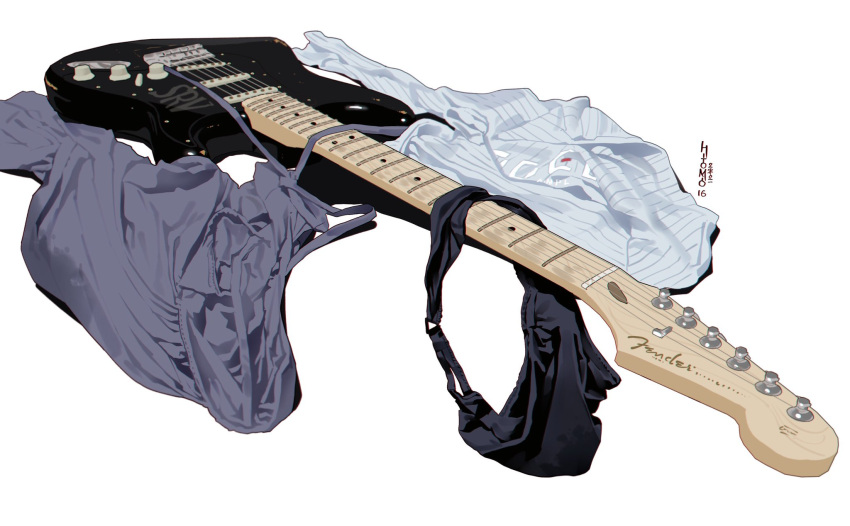 artist_name commentary drawstring electric_guitar fender_stratocaster guitar highres hitomi_o instrument original panties shirt stevie_ray_vaughan underwear white_background