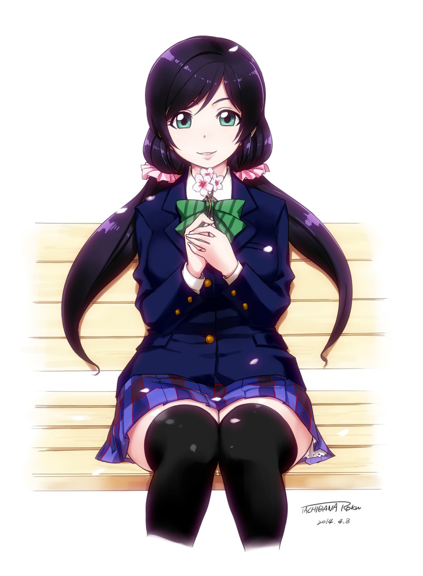 1girl bench black_legwear blue_jacket bow bowtie dated flower green_bow green_eyes green_neckwear hair_ornament hair_scrunchie highres holding holding_flower jacket long_sleeves looking_at_viewer love_live! love_live!_school_idol_project low_twintails miniskirt on_bench parted_lips purple_hair purple_skirt scrunchie signature simple_background sitting skirt smile solo tachibana_roku thigh-highs toujou_nozomi twintails white_background