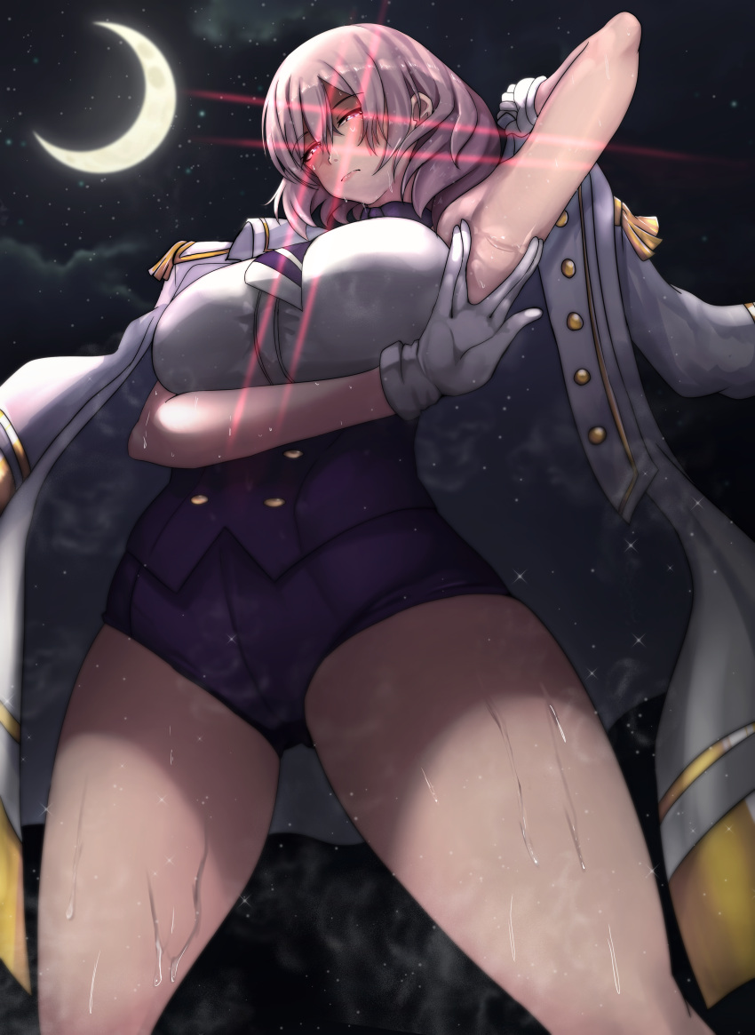 1girl absurdres arm_up armpits breasts buttons crescent_moon from_below gloves glowing glowing_eyes gridman_universe highres jacket large_breasts moon mujina necktie night night_sky pink_hair red_eyes sky ssss.dynazenon star_(sky) starry_sky sweat thighs tomodachi_(tomofanart) uniform white_gloves