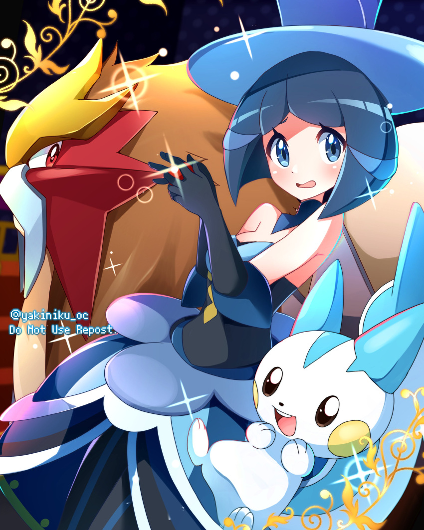 1girl absurdres bare_shoulders battle_chatelaine black_gloves black_legwear blue_dress blue_eyes blue_hair blue_headwear blush commentary_request detached_collar dress elbow_gloves entei evelyn_(pokemon) eyelashes gen_2_pokemon gen_4_pokemon glint gloves hands_up hat highres holding holding_poke_ball legendary_pokemon looking_at_viewer medium_hair miyama-san open_mouth pachirisu pantyhose poke_ball pokemon pokemon_(creature) pokemon_(game) pokemon_xy sparkle strapless strapless_dress tongue top_hat twitter_username