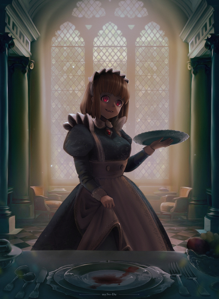 1girl absurdres artist_name black_dress brooch brown_hair chair column dress fangs food fork fruit_bowl highres holding holding_plate indoors jewelry knife long_sleeves looking_at_viewer maid maid_headdress mysoda original parted_lips pillar plate puffy_long_sleeves puffy_sleeves red_eyes short_hair skirt_hold smile solo spoon vampire window