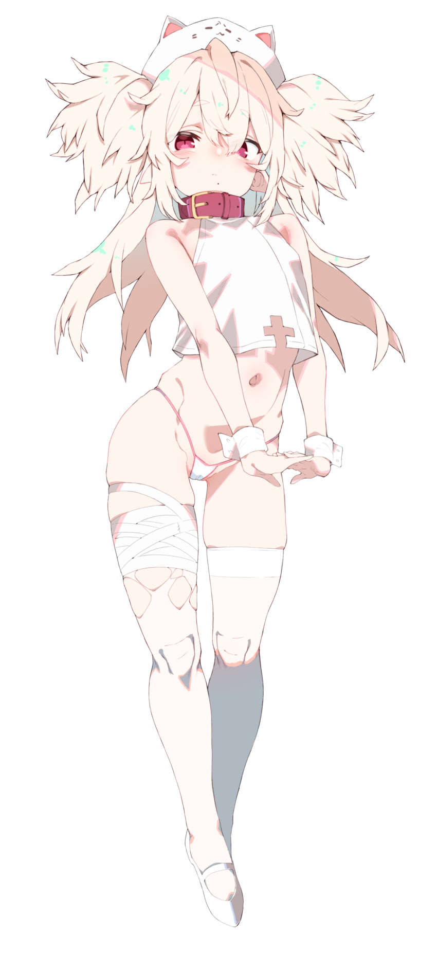1girl absurdres bandaged_leg bandages closed_mouth collar commentary_request copyright_request full_body hair_between_eyes highres kz_oji long_hair looking_at_viewer navel panties pointy_ears red_collar red_eyes shoes sleeveless solo standing thigh-highs torn_clothes torn_legwear two_side_up underwear white_footwear white_hair white_legwear white_panties