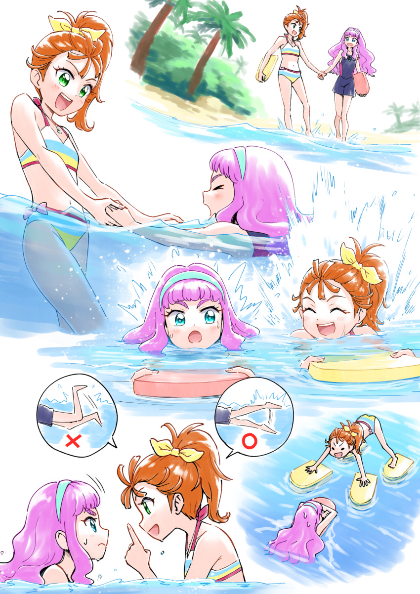 2girls :d ^_^ aqua_hairband beach bikini closed_eyes eye_contact hair_ribbon hairband highres holding_hands itou_shin'ichi laura_la_mer long_hair looking_at_another multicolored_bikini multicolored_clothes multiple_girls natsuumi_manatsu ocean open_mouth orange_hair palm_tree partially_submerged pink_hair precure ribbon short_hair side_ponytail smile striped striped_bikini swimming swimsuit tree tropical-rouge!_precure water wet yellow_ribbon