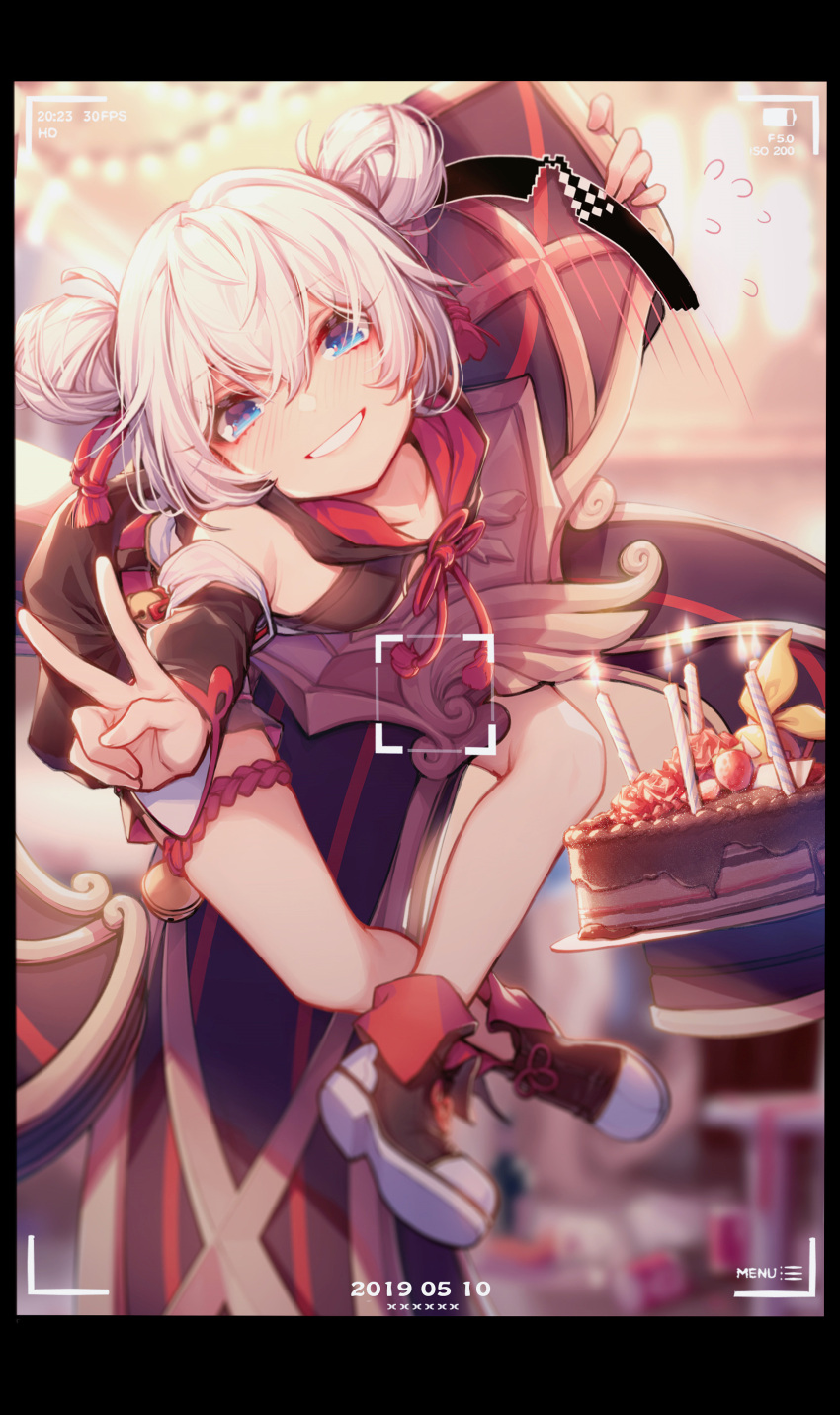 1girl absurdres bangs blue_eyes blush breasts cake camera chinese_clothes cross_(weapon) crossed_legs de_da_xianyu double_bun food full_body grin hair_between_eyes highres holding holding_cake holding_food honkai_(series) honkai_impact_3rd indoors looking_at_viewer small_breasts smile solo sunglasses sweat teeth theresa_apocalypse theresa_apocalypse_(valkyrie_pledge) v viewfinder white_hair