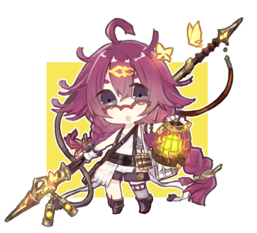 1225ka 1girl :o antenna_hair bangs boots border braid brown_footwear bug butterfly chibi dorothy_(sinoalice) full_body glasses gloves hair_between_eyes hair_ornament highres holding holding_lantern holding_polearm holding_spear holding_weapon insect lantern long_hair looking_at_viewer open_mouth polearm purple_hair purple_legwear purple_shorts shirt shorts single_thighhigh sinoalice sleeveless sleeveless_shirt solo spear thigh-highs twin_braids violet_eyes weapon white_background white_gloves white_shirt yellow_background