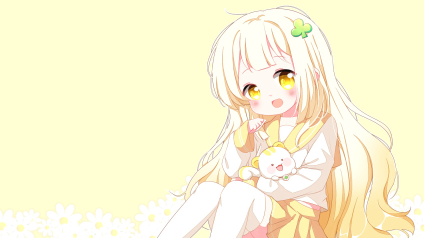 1girl bangs blonde_hair blush commission feet_out_of_frame flower hair_ornament highres long_hair long_sleeves looking_at_viewer myo_ya open_mouth original sailor_collar school_uniform serafuku shirt sidelocks skirt smile solo symbol-only_commentary white_legwear white_shirt yellow_background yellow_eyes yellow_sailor_collar yellow_skirt