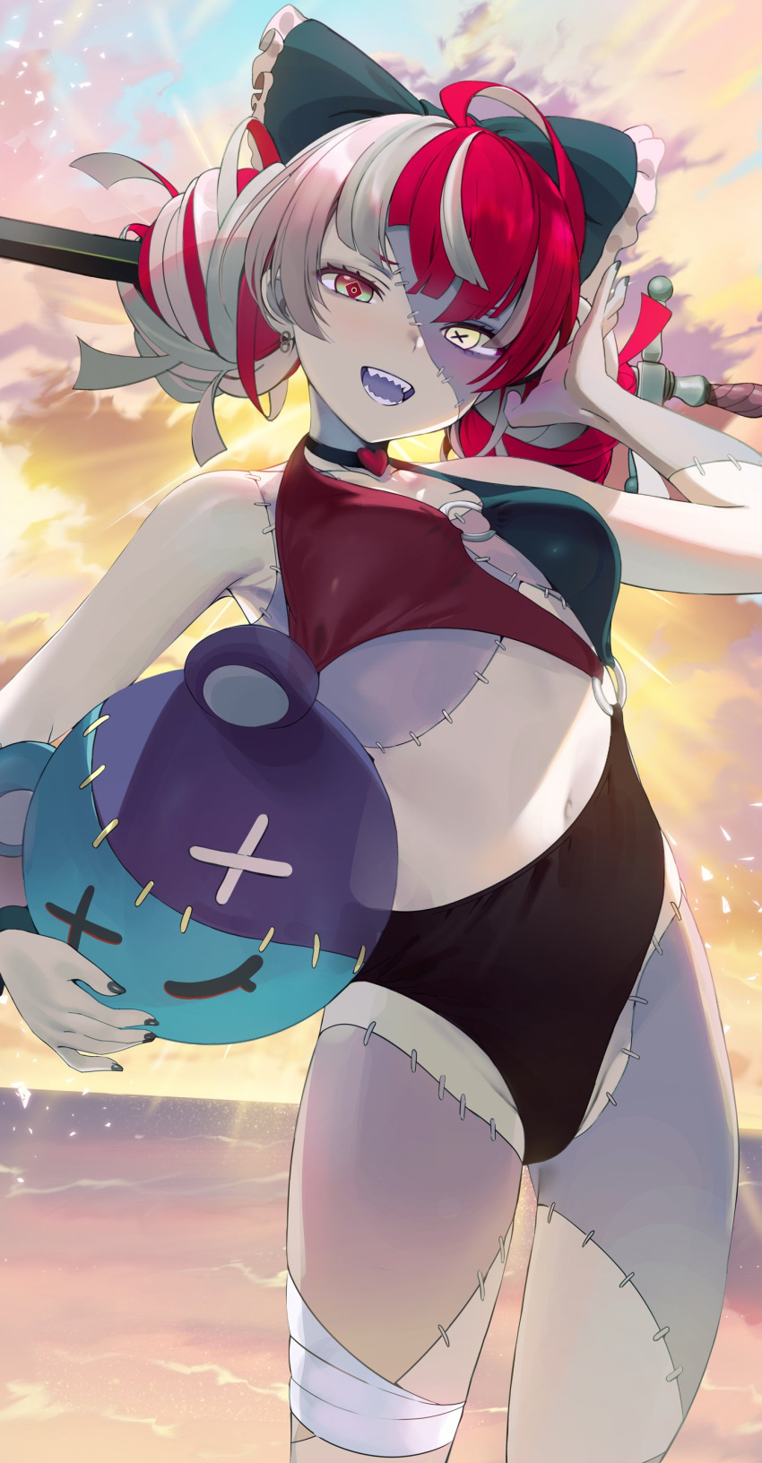 1girl :d absurdres ahoge arm_up ball bangs beachball black_choker black_nails blue_bow bow breasts casual_one-piece_swimsuit choker commentary cowboy_shot double_bun earrings eyebrows_visible_through_hair frilled_bow frills hair_bow heart heart_choker heterochromia highres holding holding_ball holding_beachball hololive hololive_indonesia jewelry kureiji_ollie long_hair looking_at_viewer medium_breasts multicolored multicolored_clothes multicolored_hair multicolored_swimsuit nail_polish o-ring o-ring_swimsuit ocean one-piece_swimsuit open_mouth outdoors patchwork_skin red_eyes redhead seicoh sharp_teeth silver_hair sky smile solo standing swimsuit sword teeth two-tone_hair udin_(kureiji_ollie) virtual_youtuber weapon yellow_eyes