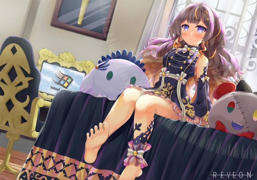 1girl absurdres aiden_rihiro anya_melfissa bangs barefoot blonde_hair brown_hair detached_sleeves dress hair_ornament highres hololive hololive_indonesia huge_filesize long_hair multicolored_hair open_mouth soles solo two_side_up violet_eyes virtual_youtuber wavy_hair