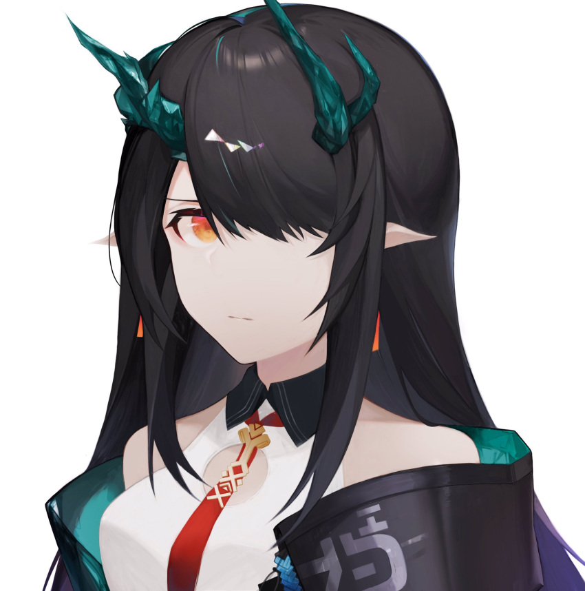 1girl arknights bangs black_hair black_jacket closed_mouth commentary dragon_horns dress dusk_(arknights) earrings face glaring green_horns hair_over_one_eye highres horns jacket jewelry kuromame_(sirokuji) long_hair looking_at_viewer necktie one_eye_covered open_clothes open_jacket orange_eyes pointy_ears red_neckwear simple_background sleeveless sleeveless_dress upper_body white_background white_dress