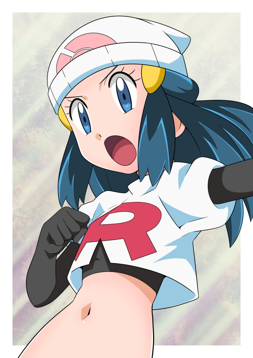 1girl beanie black_gloves blue_eyes blue_hair clenched_hand cosplay hikari_(pokemon) elbow_gloves gloves gradient gradient_background hainchu hair_ornament hairclip hat highres jessie_(pokemon) jessie_(pokemon)_(cosplay) looking_away medium_hair midriff navel open_mouth pokemon serious single_letter solo solo_focus