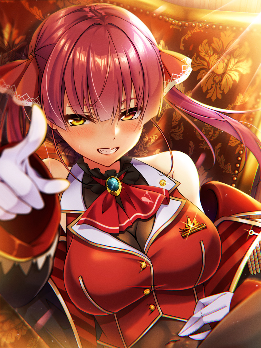 1girl ascot black_choker black_coat blush breasts brooch choker coat cropped_jacket frilled_choker frills gloves gold_trim grin hair_ribbon heterochromia highres hololive houshou_marine jacket jewelry large_breasts leotard leotard_under_clothes long_hair looking_at_viewer lying mizuno_kurage off_shoulder on_back pointing pointing_at_viewer red_eyes red_jacket red_ribbon redhead ribbon sheer_leotard sleeveless sleeveless_jacket smile solo twintails virtual_youtuber white_gloves yellow_eyes