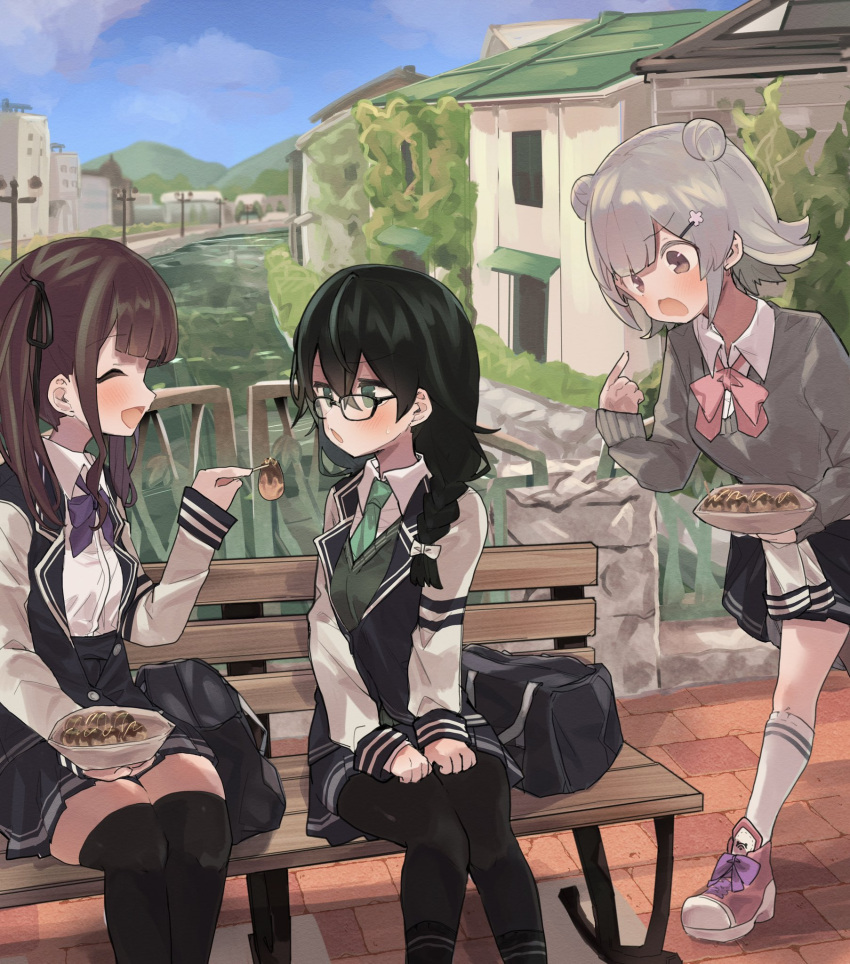 3girls ascot bag bench black_hair black_legwear black_ribbon blazer blue_jacket blue_skirt box braid building cevio closed_eyes commentary day double_bun feeding food glasses green_eyes green_neckwear green_sweater grey_hair grey_sweater hair_ornament hair_ribbon hairclip hanakuma_chifuyu hands_on_lap highres holding holding_box holding_food jacket kneehighs koharu_rikka long_hair medium_hair miniskirt mountainous_horizon multiple_girls natsuki_karin necktie open_mouth outdoors pink_footwear pink_neckwear pleated_skirt pointing pointing_at_self purple_neckwear redhead ribbon river shirt shoes shoulder_bag sitting siwasunohige skindentation skirt smile sneakers standing student sweater synthesizer_v takoyaki thigh-highs toothpick tree twin_braids twintails violet_eyes white_shirt zettai_ryouiki