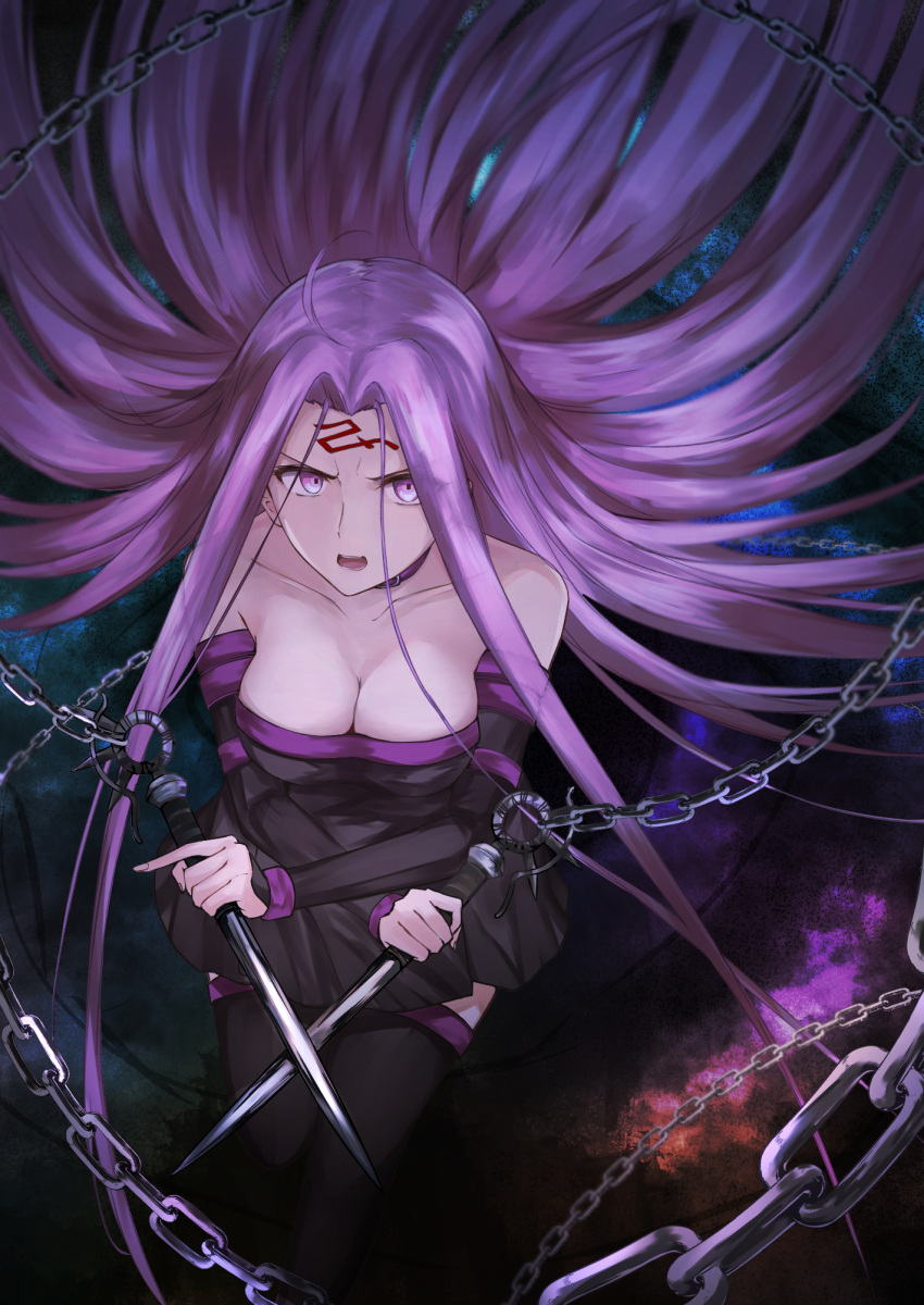 1girl ahoge bare_shoulders black_legwear bodysuit breasts chain fate/grand_order fate/stay_night fate_(series) fingerless_gloves gloves highres holding holding_weapon incoming_attack kiyakyuu large_breasts long_hair looking_at_viewer medusa_(fate) medusa_(rider)_(fate) open_mouth purple_hair skirt solo tattoo thigh-highs very_long_hair violet_eyes weapon