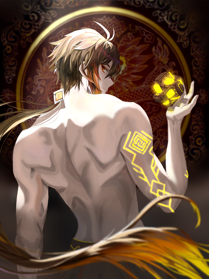 1boy absurdres arm_tattoo bangs brown_hair closed_mouth commentary_request eyeliner floating floating_object from_behind genshin_impact gradient_hair hair_tie highres jewelry long_hair looking_at_viewer makeup male_focus multicolored_hair orange_hair ponytail shirtless solo ssum-qin tattoo yellow_eyes zhongli_(genshin_impact)