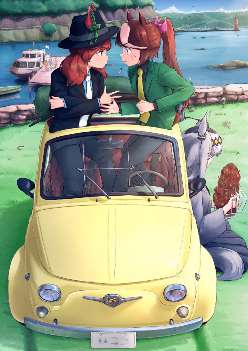 3girls absurdres animal_ears arsene_lupin_iii arsene_lupin_iii_(cosplay) balladeluce black_headwear black_suit boat bow brown_hair car castle_of_cagliostro chopsticks clenched_hand cosplay crossed_arms day eating eye_contact grass green_suit grey_hair ground_vehicle hair_bow hat highres horse_ears huge_filesize ishikawa_goemon_xiii jigen_daisuke jigen_daisuke_(cosplay) lighthouse long_hair long_sleeves looking_at_another lupin_iii motor_vehicle mouth_hold multicolored_hair multiple_girls necktie nice_nature_(umamusume) oguri_cap_(umamusume) outdoors pants parody pink_bow ponytail sitting skirt standing staring sweatdrop tokai_teio_(umamusume) two-tone_hair umamusume water watercraft white_neckwear yellow_neckwear