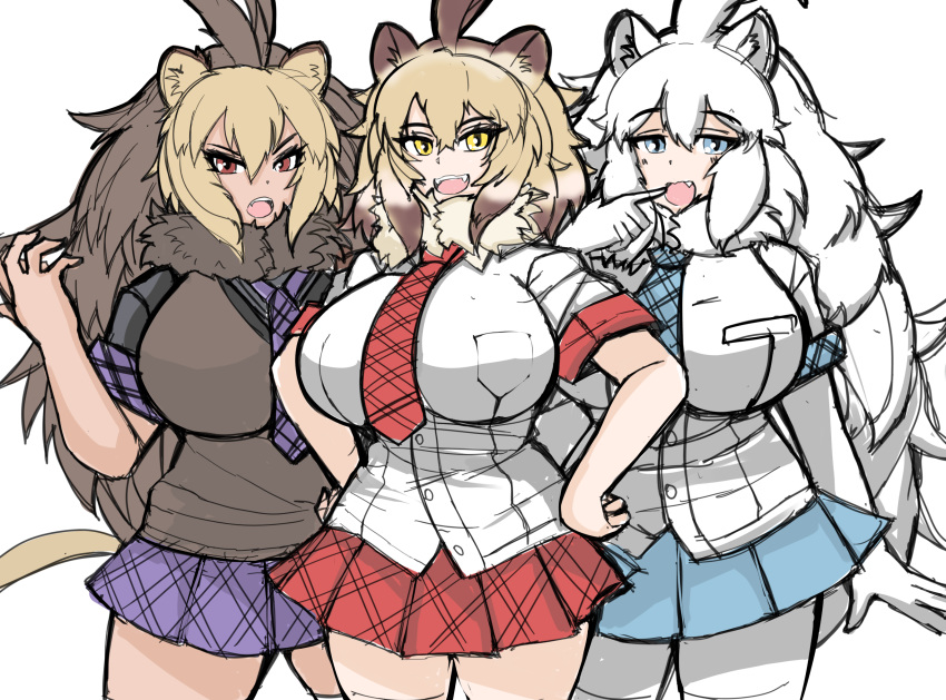 3girls alternate_breast_size animal_ears arm_at_side bangs barbary_lion_(kemono_friends) bare_arms black_shirt blonde_hair blue_eyes blue_neckwear blue_skirt bodystocking breast_pocket breasts brown_eyes brown_hair buttons cat_girl cowboy_shot dress_shirt eyebrows_visible_through_hair fang finger_to_mouth fur_collar hair_between_eyes hand_up hands_on_hips highres huge_breasts impossible_clothes impossible_shirt kemono_friends lion_(kemono_friends) lion_ears lion_girl lion_tail long_hair medium_hair miniskirt multicolored_hair multiple_girls nanoder necktie open_mouth plaid plaid_neckwear plaid_skirt plaid_sleeves plaid_trim pleated_skirt pocket purple_neckwear purple_skirt red_neckwear red_skirt shirt short_sleeves simple_background skirt smile sweater_vest tail tan two-tone_hair v-shaped_eyebrows very_long_hair white_background white_hair white_lion_(kemono_friends) white_shirt yellow_eyes