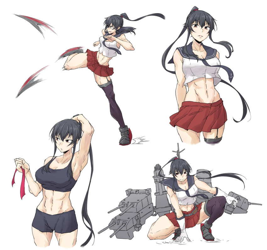 1girl abs anchor_symbol arms_up bangs black_hair black_sailor_collar black_shorts breasts brown_eyes clenched_teeth closed_mouth gloves highres kantai_collection kicking large_breasts long_hair midriff multiple_views parted_lips ponytail purple_legwear red_skirt rigging rindou_(rindou_annon) rudder_footwear sailor_collar shorts sidelocks simple_background single_thighhigh skirt sleeveless sports_bra squatting teeth thigh-highs toned very_long_hair white_background white_gloves yahagi_(kancolle)