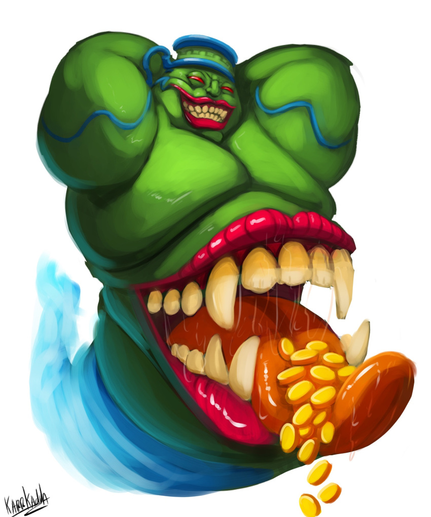 1boy arms_up artist_name colored_sclera colored_skin duel_monster fat gold_coin green_skin grin highres karrkadula looking_at_viewer male_focus mimic monster open_mouth pot_of_greed red_sclera saliva simple_background smile solo teeth tongue tongue_out white_background yu-gi-oh!