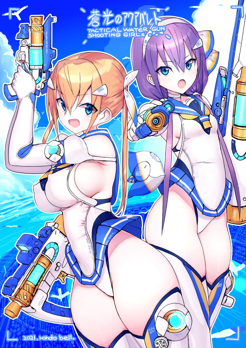 2girls aiming_at_viewer artist_name bangs breasts covered_nipples elbow_gloves english_text eyebrows_visible_through_hair gloves hair_behind_ear hairband highres holding holding_water_gun large_breasts multiple_girls one-piece_swimsuit orange_hair original purple_hair rondo_bell skindentation small_breasts swimsuit swimsuit_skirt thigh-highs twintails water_gun white_hairband white_swimsuit