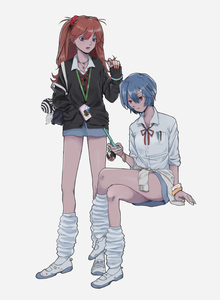 2girls absurdres angel_(evangelion) ayanami_rei bag black_cardigan blue_eyes blue_hair blue_skirt bracelet breast_pocket cardigan cellphone closed_mouth collared_shirt commentary_request eyebrows_visible_through_hair fingernails flip_phone full_body grey_background gyaru hair_between_eyes hair_ornament hairclip hand_in_pocket highres holding holding_phone interface_headset jewelry lanyard long_fingernails long_hair long_sleeves looking_at_another looking_at_phone loose_socks love_okome95 lower_teeth multiple_girls nail_polish neck_ribbon necklace neon_genesis_evangelion open_mouth orange_hair orange_nails pen_in_pocket phone pocket red_eyes red_neckwear ribbon school_bag school_uniform shirt short_hair shoulder_bag simple_background sitting skirt sleeves_past_wrists sleeves_rolled_up souryuu_asuka_langley standing two_side_up white_footwear white_legwear white_nails white_shirt