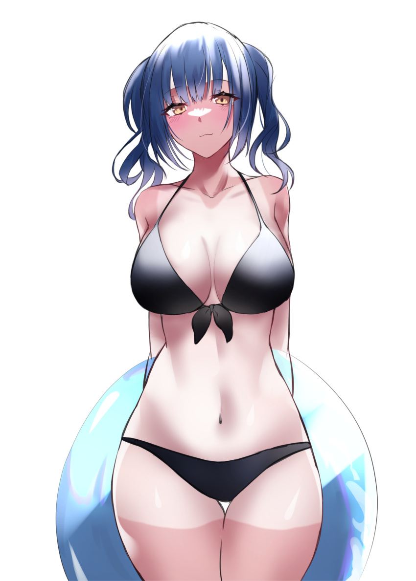 1girl absurdres bangs bare_arms bare_shoulders bikini black_bikini blue_hair blush breasts brown_eyes closed_mouth eyebrows_visible_through_hair front-tie_bikini front-tie_top highres innertube looking_at_viewer medium_breasts navel nijisanji one-piece_tan simple_background solo swimsuit tan tanlines thigh_gap twintails virtual_youtuber white_background yamagami_karuta yuki_maccha_(yukimattya10)