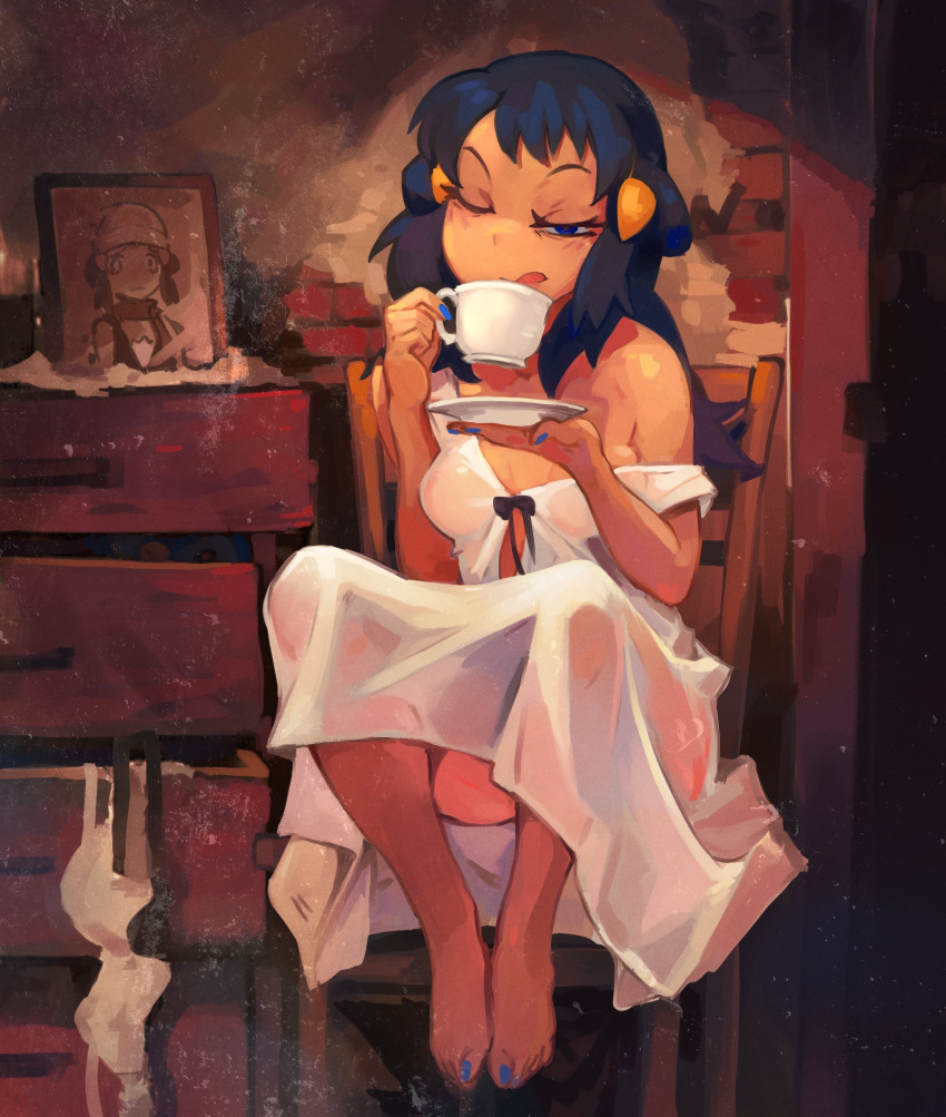 1girl :q absurdres bangs barefoot blue_eyes blue_hair blue_nails blush bra bra_removed breasts brick_wall chair cup hikari_(pokemon) drawer dress eyelashes feet_together hair_ornament hairclip half-closed_eye hands_up highres holding holding_cup holding_saucer indoors nail_polish no_bra off_shoulder one_eye_closed photo_(object) pokemon pokemon_(anime) pokemon_dppt_(anime) saucer scrooge_mckhyle sitting solo teacup toenail_polish toenails toes tongue tongue_out underwear white_dress
